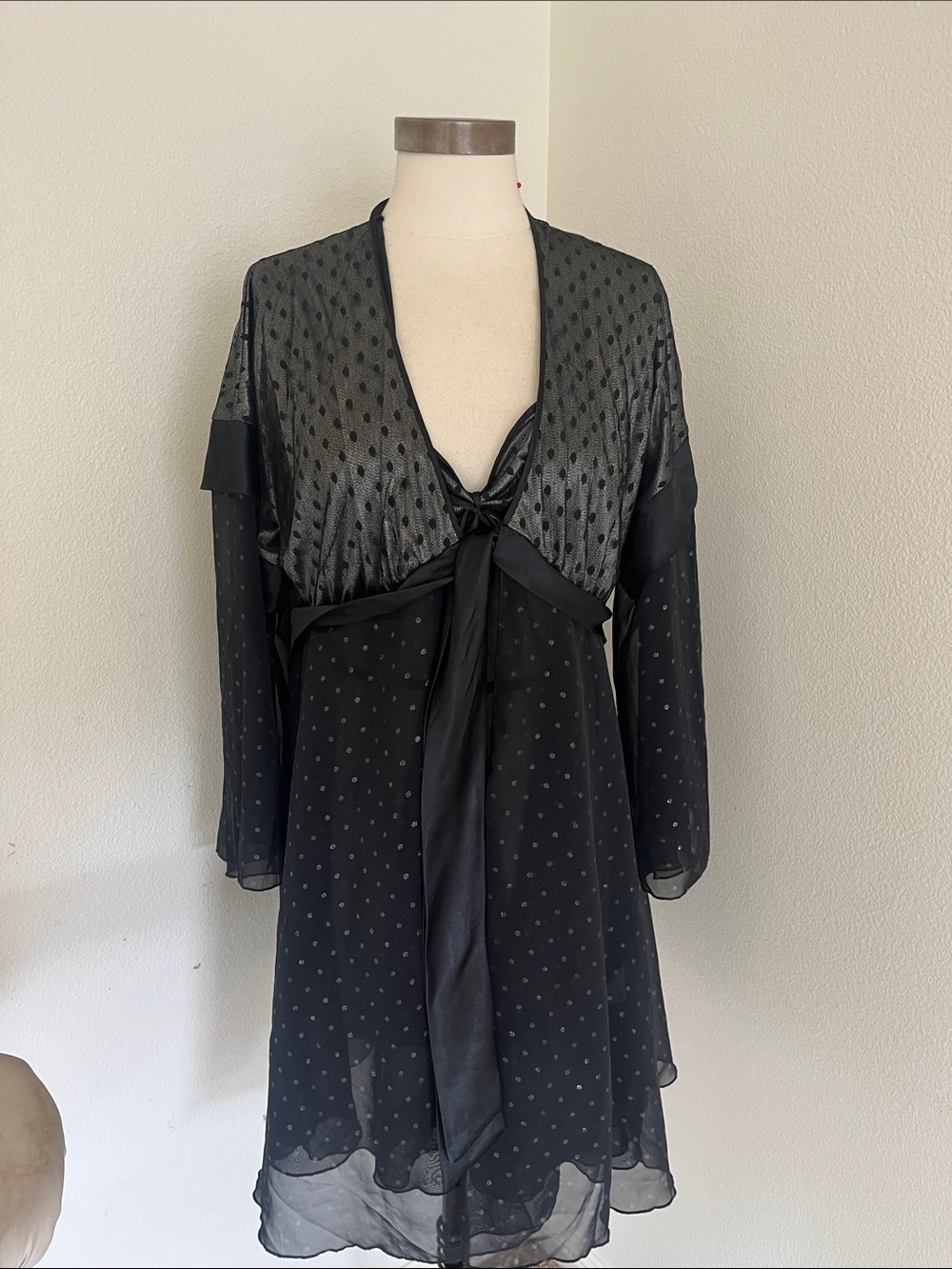 Bob Mackie Black Sheer Polka Dot Robe with Satin Tie and nightgown